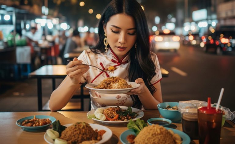 seorang perempuan sedang menyantap makan malam