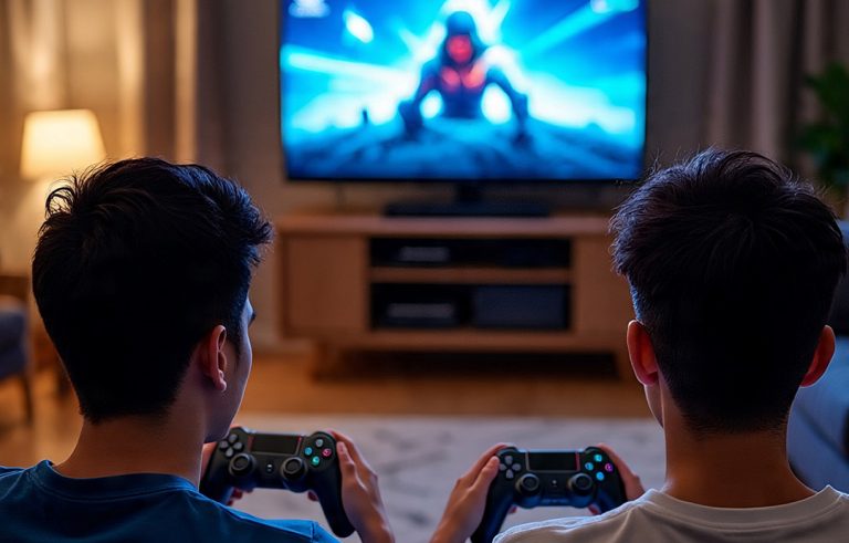 dua remaja sedang bermain playstation
