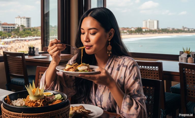 seorang perempuan menikmati hidangan di restoran kuta bali