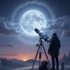 pria mengamati fenomena snow moon atau bulan salju
