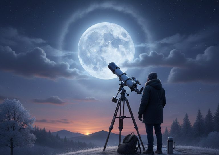 pria mengamati fenomena snow moon atau bulan salju