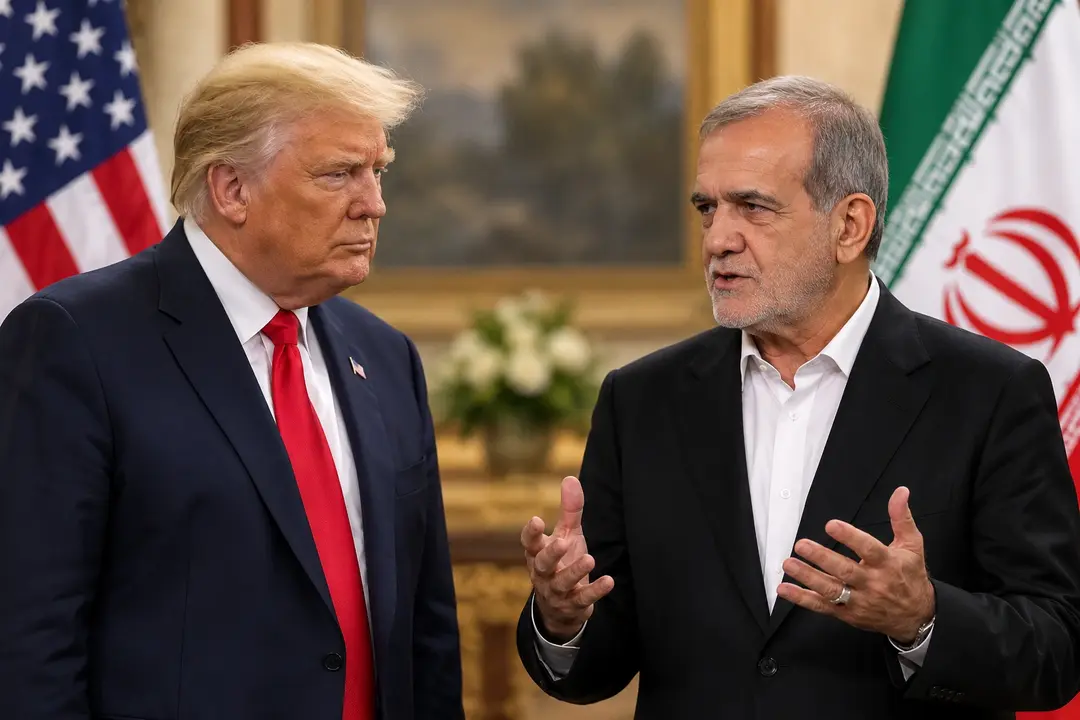 ilustrasi ai pertemuan donald trump dan presiden iran masoud pezehkian